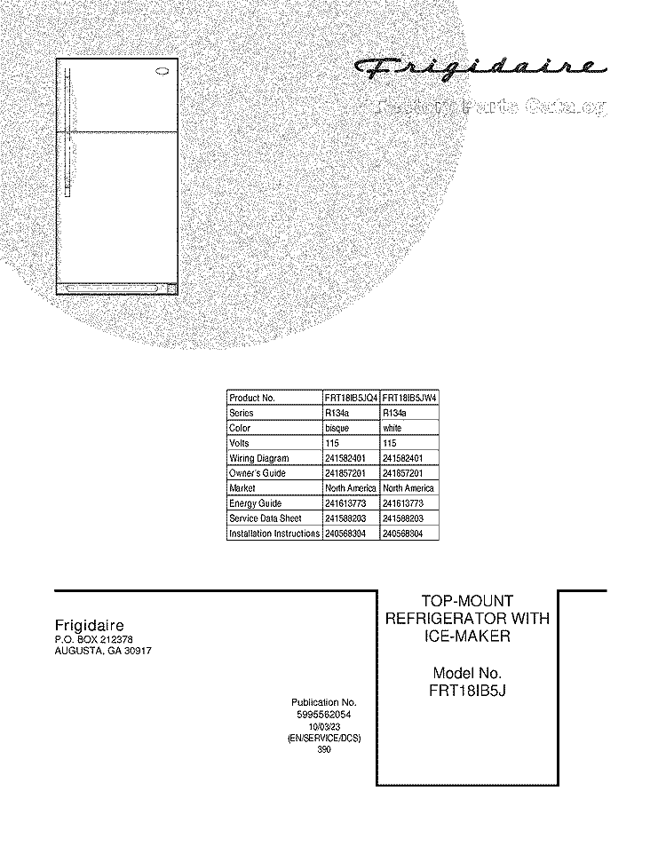 COVER Diagram and Parts List for FRT18IB5JW4  Frigidaire Refrigerator