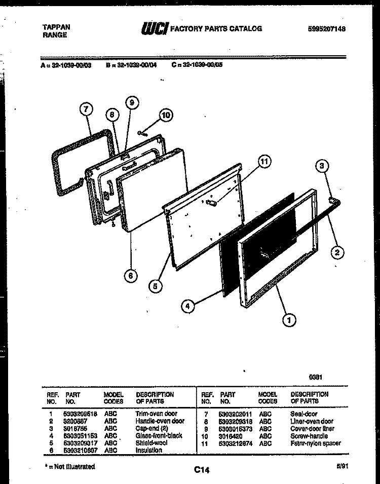 DOOR PARTS Diagram and Parts List for 32-1039-00-03  Tappan Range