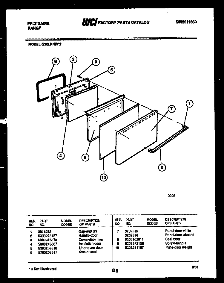 DOOR PARTS Diagram and Parts List for G30LPNL2  Frigidaire Range