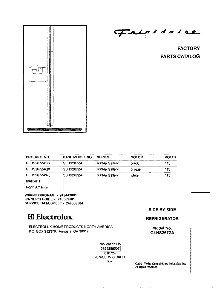 COVER Diagram and Parts List for GLHS267ZAW0  Frigidaire Refrigerator
