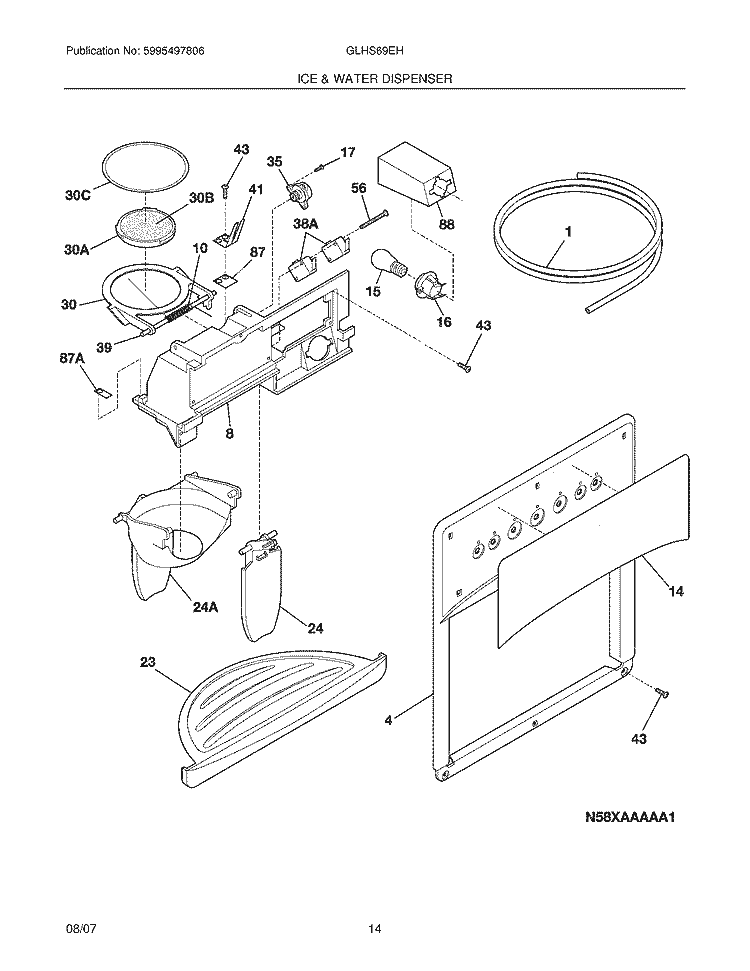 ICE & WATER DISPENSER Diagram and Parts List for GLHS69EHQ2  Frigidaire Refrigerator