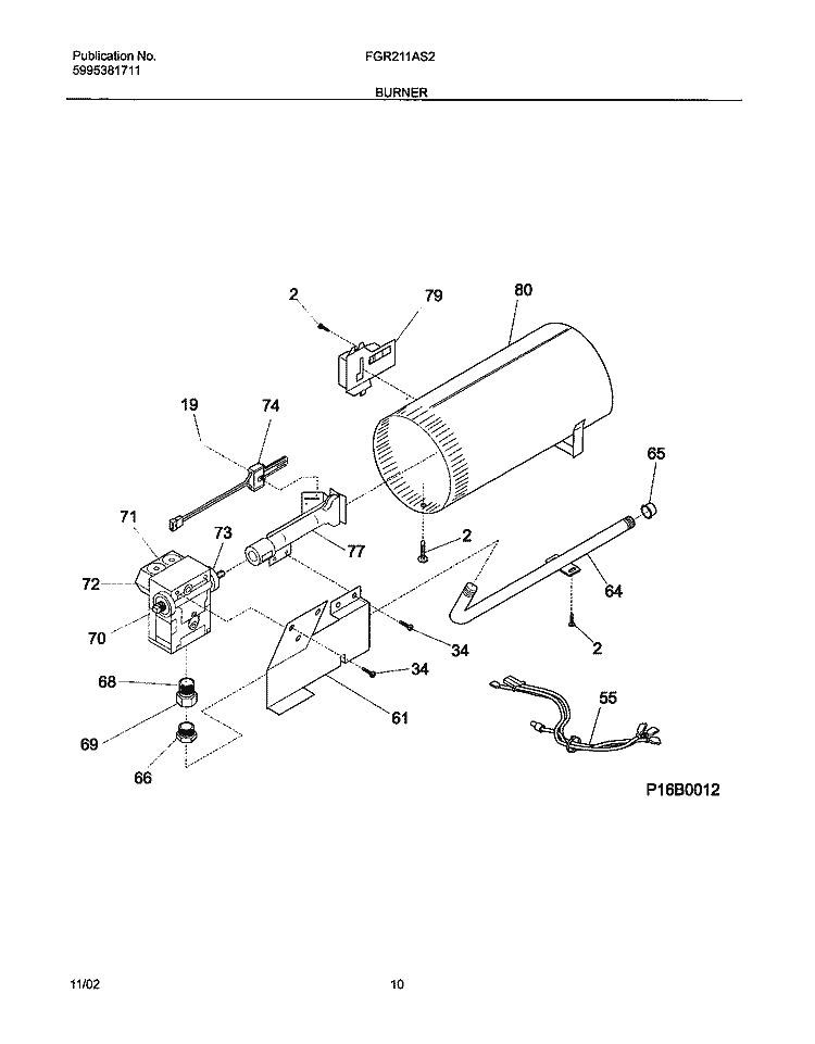 BURNER Diagram and Parts List for FGR211AS2  Frigidaire Dryer