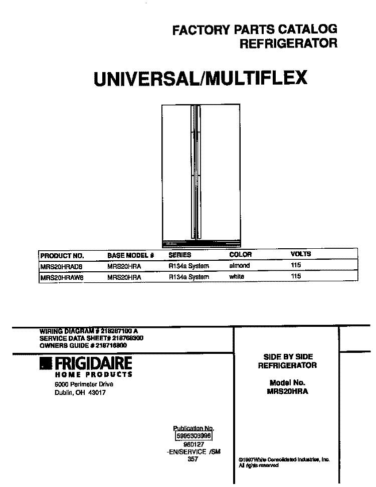 COVER Diagram and Parts List for MRS20HRAD8  Frigidaire Refrigerator