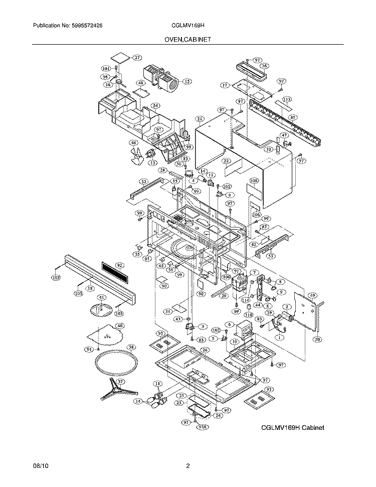 OVEN, CABINET Diagram and Parts List for CGLMV169HBA  Frigidaire Microwave