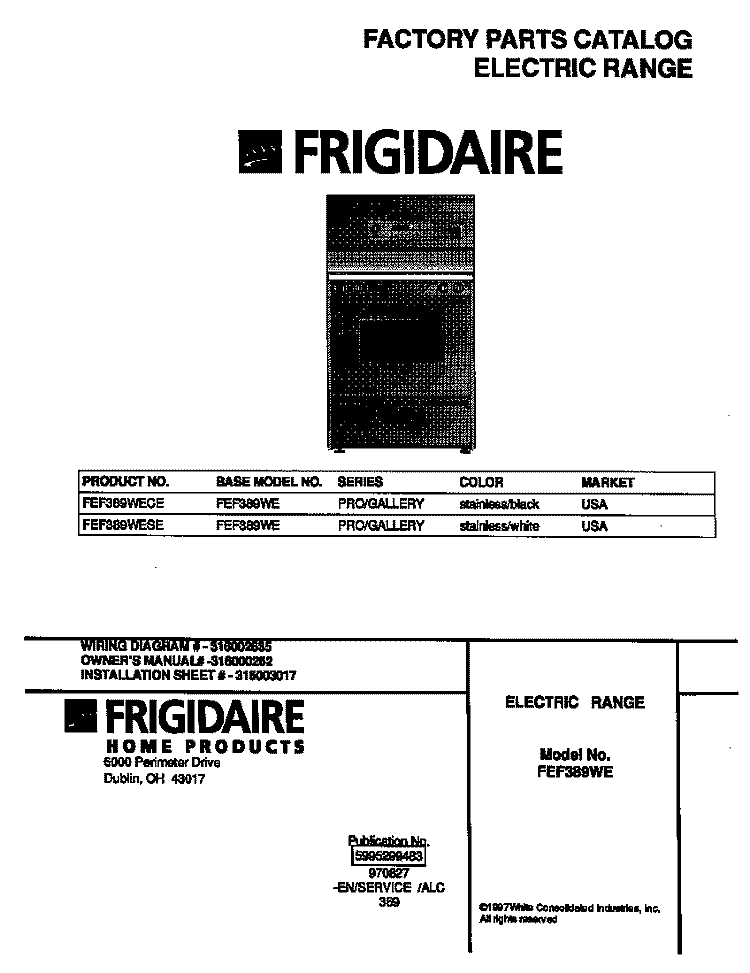 COVER Diagram and Parts List for FEF389WECE  Frigidaire Range