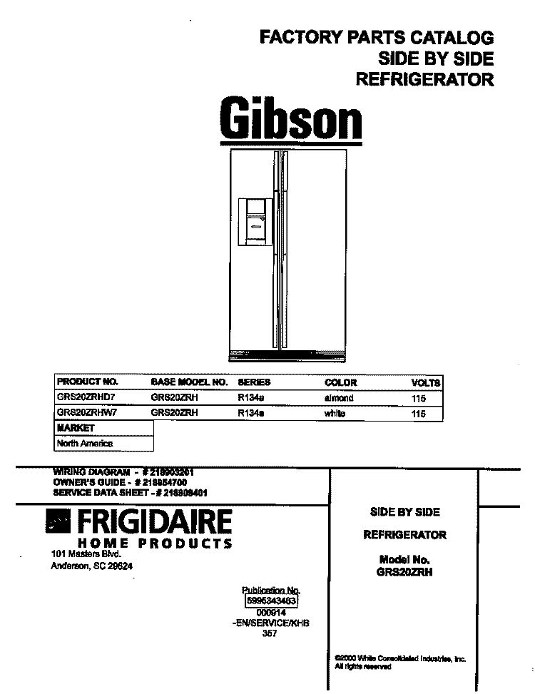 COVER Diagram and Parts List for GRS20ZRHW7  Gibson Refrigerator