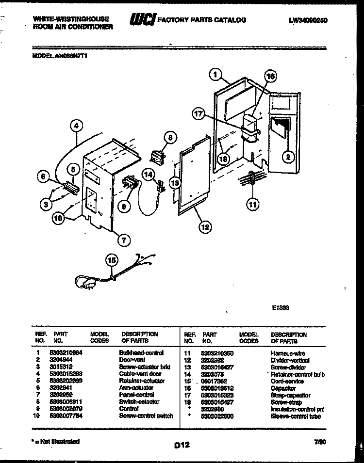 ELECTRICAL PARTS Diagram and Parts List for AH066N7T1  Frigidaire Air Conditioner