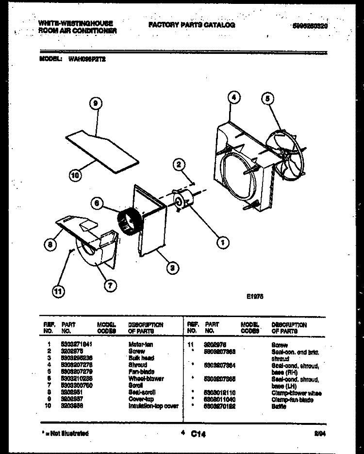 AIR HANDLING PARTS Diagram and Parts List for WAH096P2T2  Frigidaire Air Conditioner