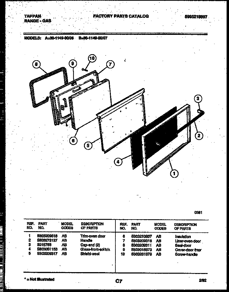DOOR PARTS Diagram and Parts List for 30-1149-00-07  Tappan Range