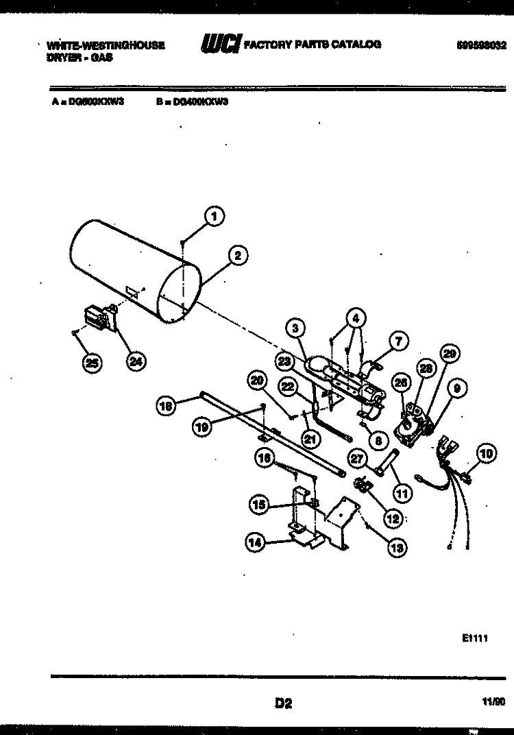 BURNER, IGNITER AND VALVE Diagram and Parts List for DG400KXW3  Frigidaire Dryer