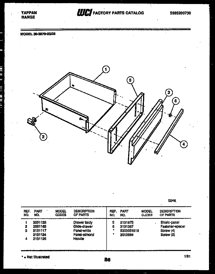 DRAWER PARTS Diagram and Parts List for 30-3979-00-02  Tappan Range