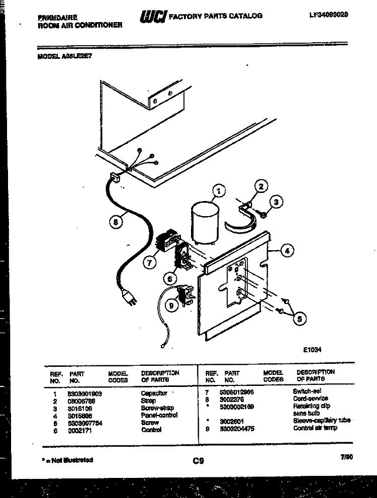 ELECTRICAL PARTS Diagram and Parts List for A05LE2E7  Frigidaire Air Conditioner