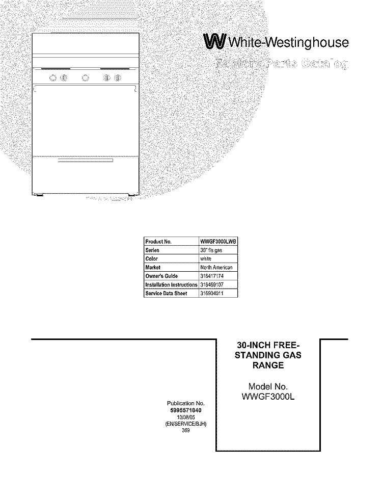 COVER Diagram and Parts List for WWGF3000LWB  Westinghouse Range