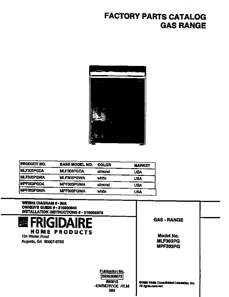 COVER Diagram and Parts List for MLF303PGDA  Frigidaire Range