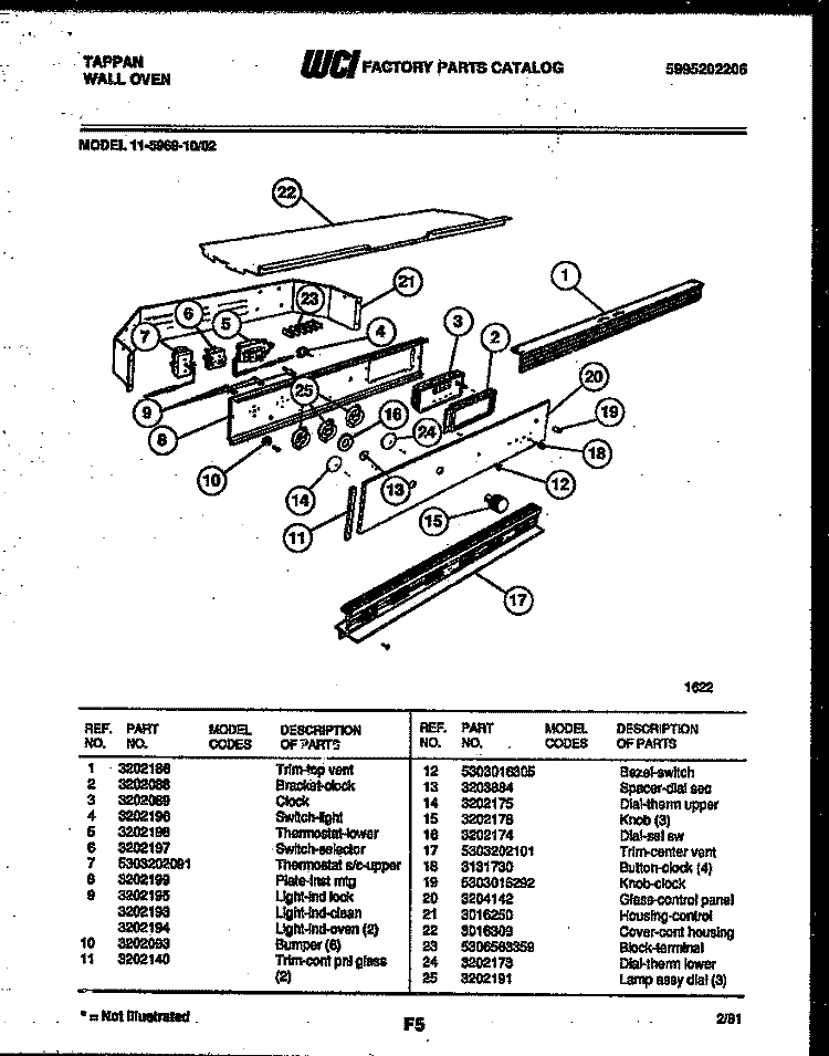 CONTROL PANEL Diagram and Parts List for 11-5969-00-02  Tappan Wall Oven