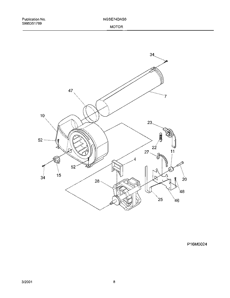 MOTOR, BLOWER Diagram and Parts List for NGSE74DAS0  Frigidaire Dryer