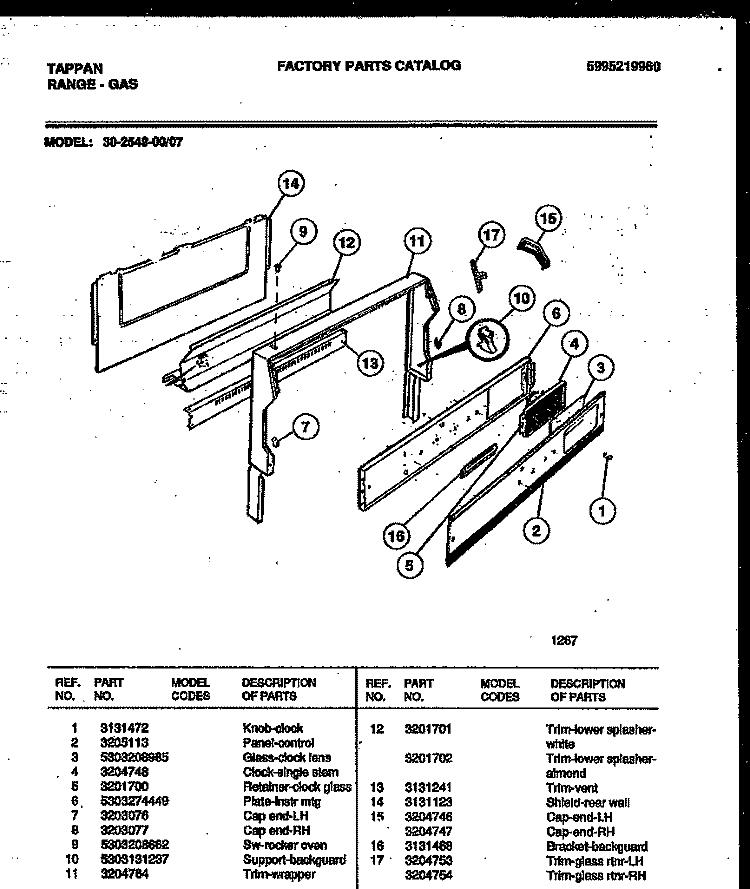 BACKGUARD Diagram and Parts List for 30-2549-00-07  Tappan Range