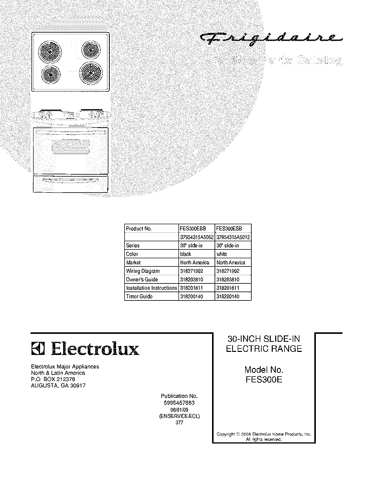 COVER Diagram and Parts List for FES300EBB  Frigidaire Range