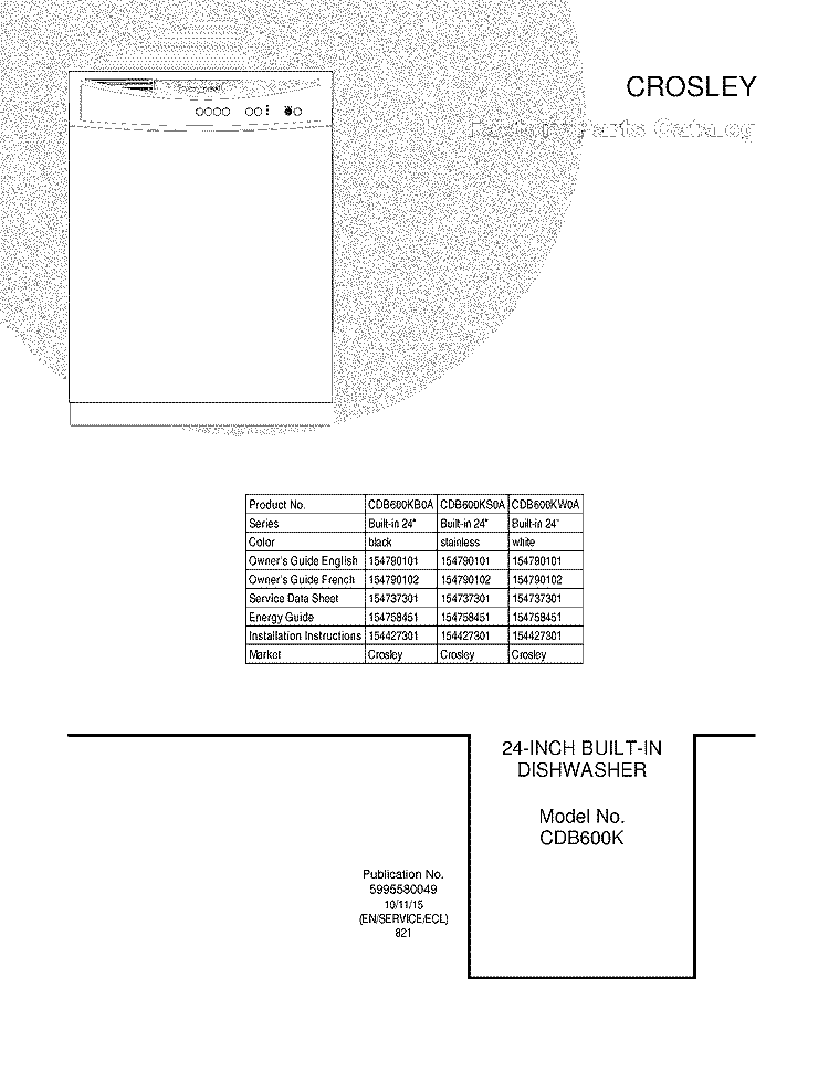COVER Diagram and Parts List for CDB600KS0A  Crosley Dishwasher