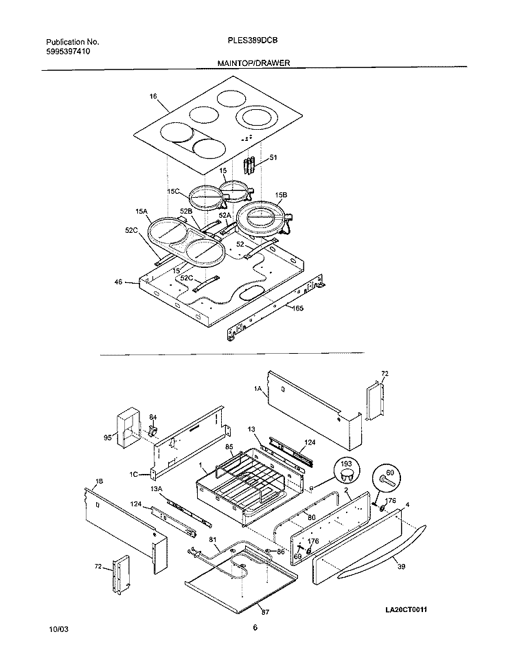 TOP / DRAWER Diagram and Parts List for PLES389DCB  Frigidaire Range