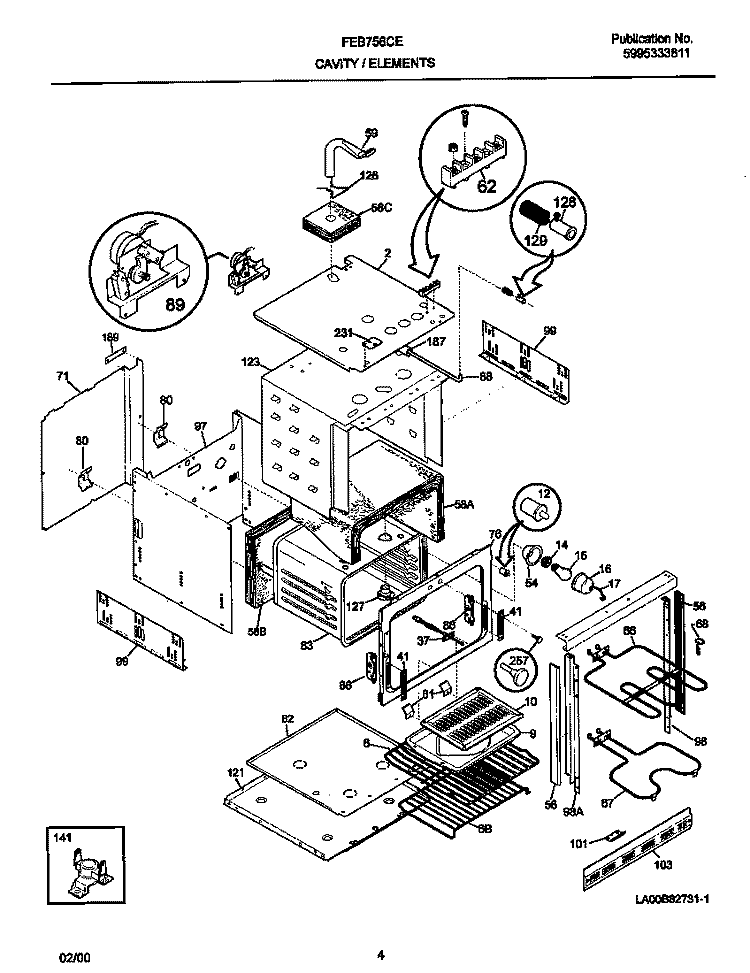 CAVITY / ELEMENT Diagram and Parts List for FEB756CETH  Frigidaire Wall Oven