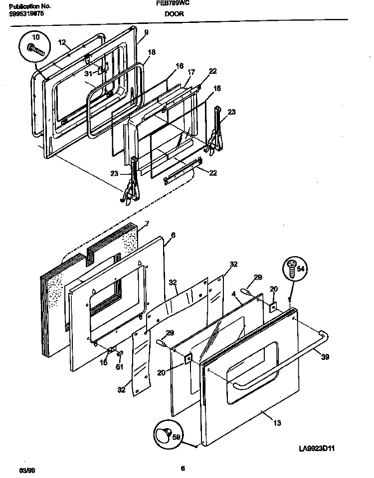 DOOR Diagram and Parts List for FEB789WCCG  Frigidaire Wall Oven