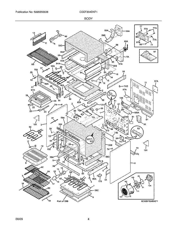 BODY Diagram and Parts List for CGEF304DKF1  Frigidaire Range