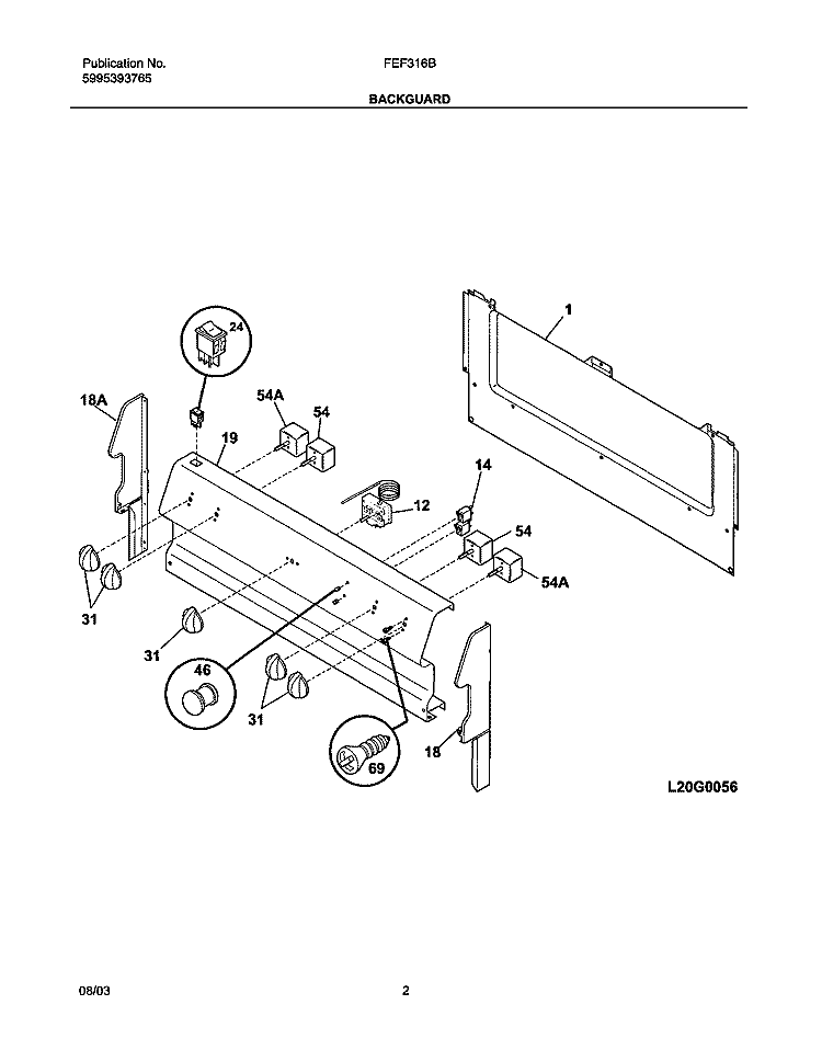 BACKGUARD Diagram and Parts List for FEF316BSB  Frigidaire Range
