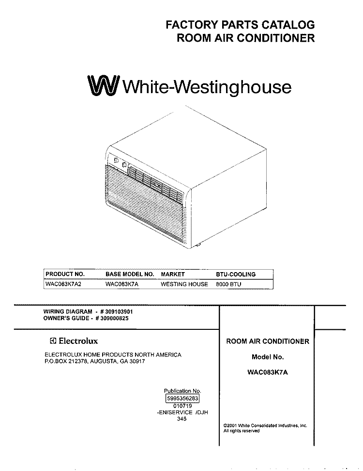 COVER Diagram and Parts List for WAC083K7A2  Westinghouse Air Conditioner