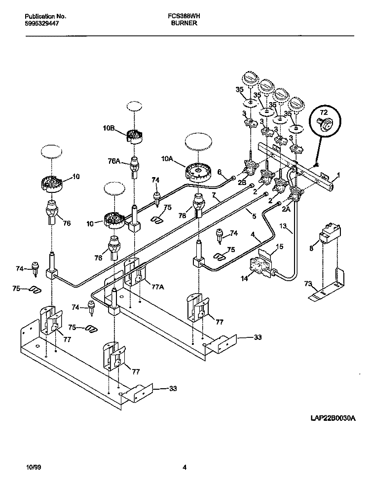 BURNER Diagram and Parts List for FCS388WHCC  Frigidaire Range