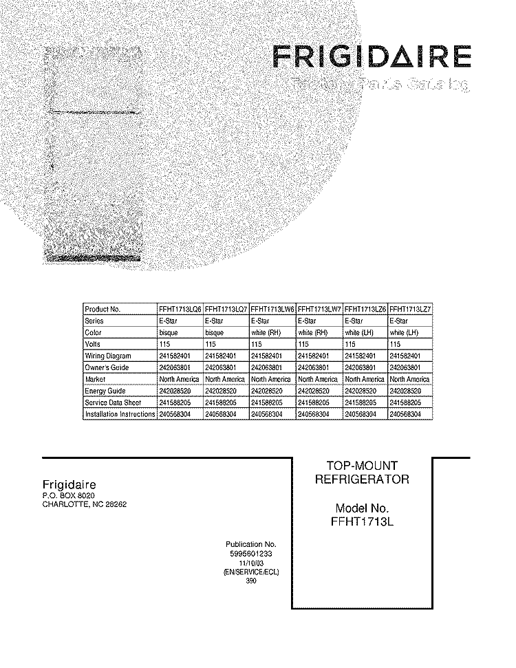COVER Diagram and Parts List for FFHT1713LQ7  Frigidaire Refrigerator