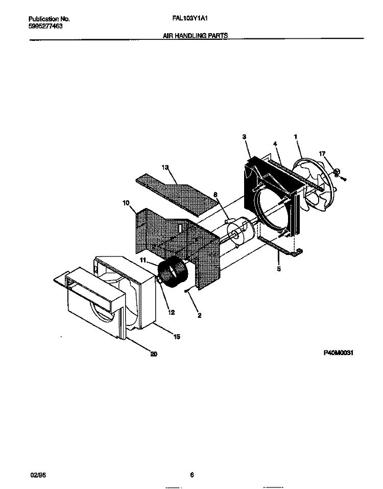 AIR HANDLING PARTS Diagram and Parts List for FAL103Y1A1  Frigidaire Air Conditioner