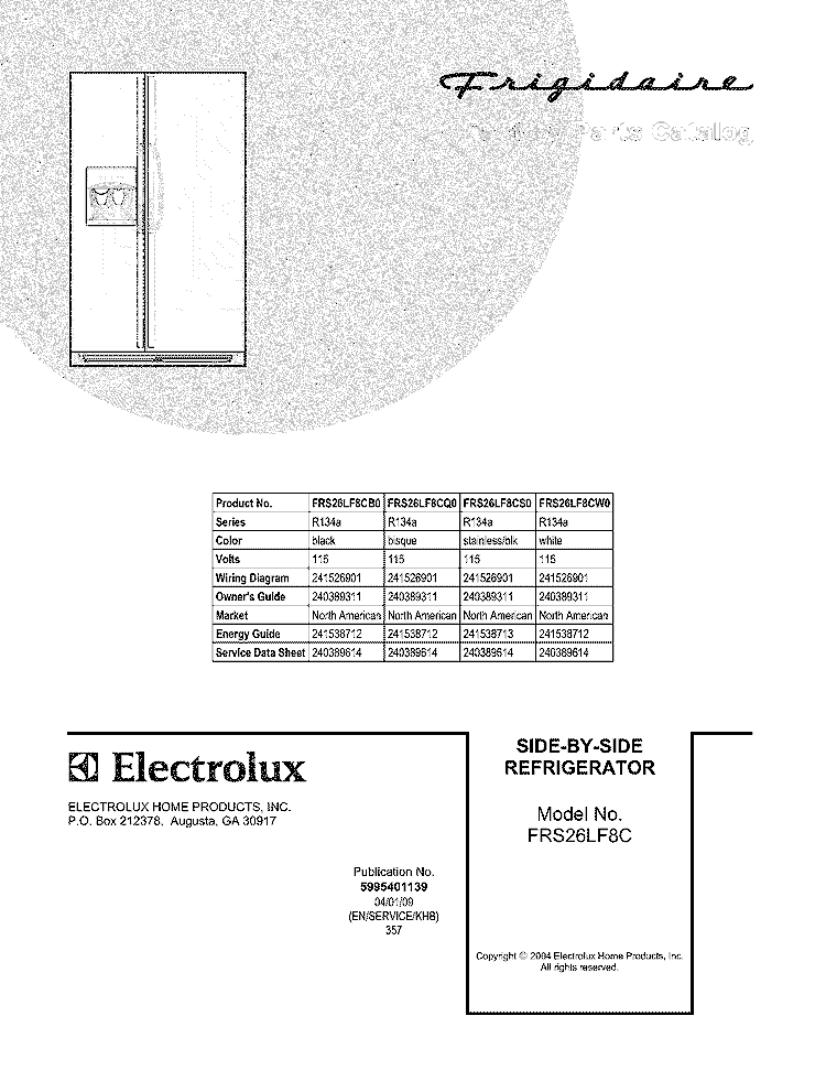 COVER Diagram and Parts List for FRS26LF8CW0  Frigidaire Refrigerator