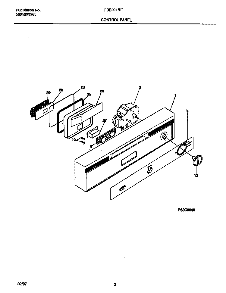 CONTROL PANEL Diagram and Parts List for FDB221RFR2  Frigidaire Dishwasher