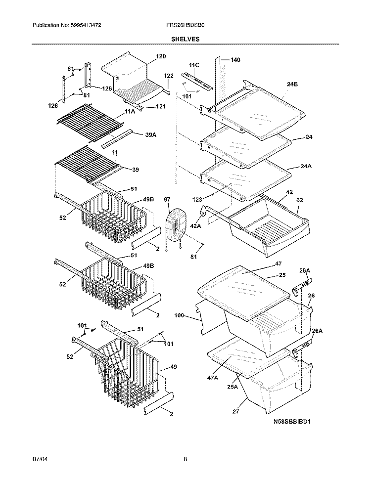 SHELVES Diagram and Parts List for FRS26H5DSB0  Frigidaire Refrigerator