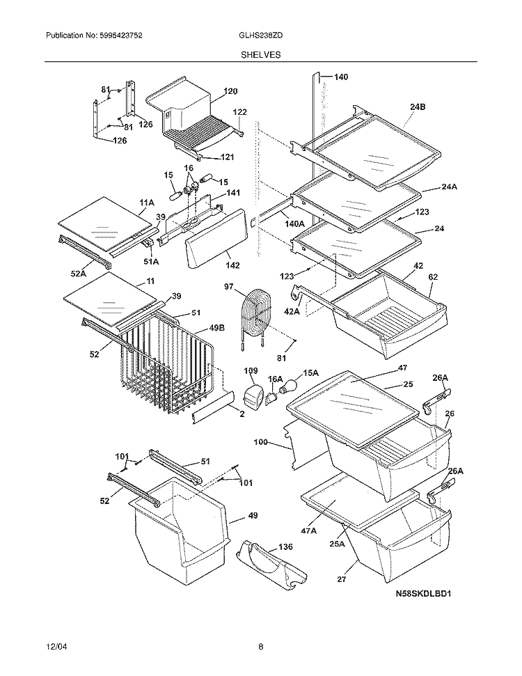 SHELVES Diagram and Parts List for GLHS238ZDB7  Frigidaire Refrigerator