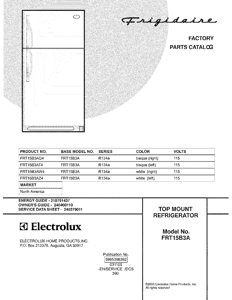 COVER Diagram and Parts List for FRT15B3AQ4  Frigidaire Refrigerator