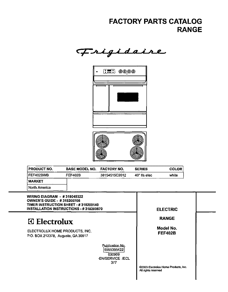 COVER Diagram and Parts List for FEF402BWB  Frigidaire Range