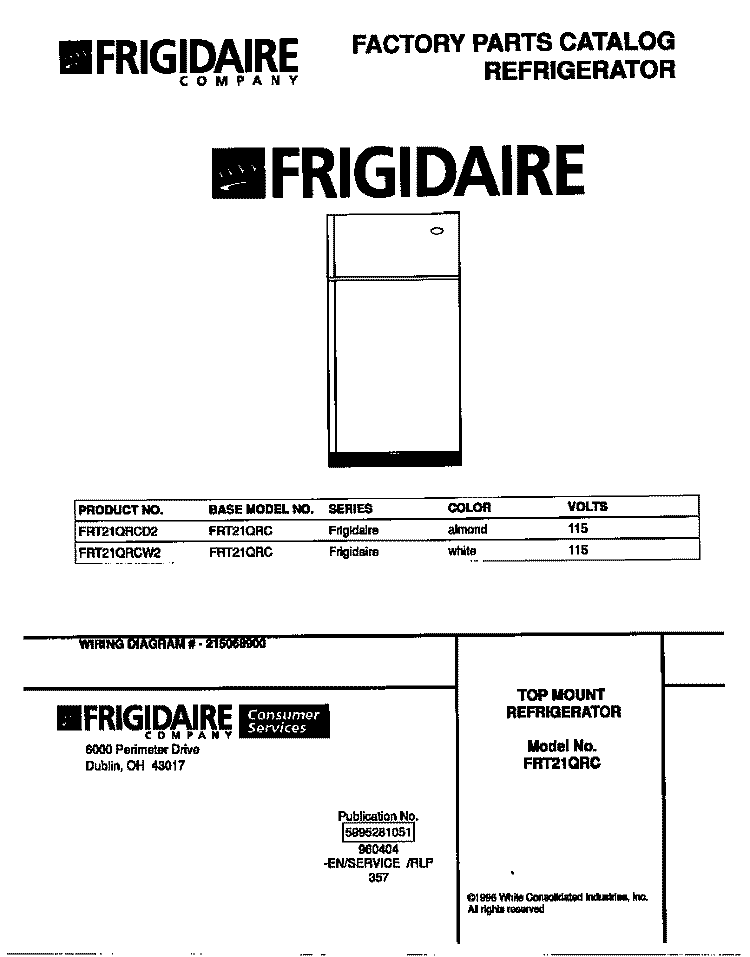 COVER Diagram and Parts List for FRT21QRCW2  Frigidaire Refrigerator