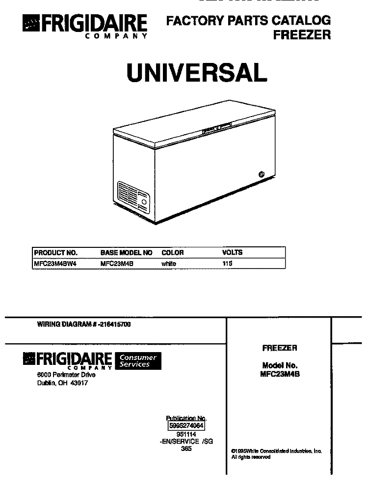 COVER Diagram and Parts List for MFC23M4BW4  Frigidaire Freezer