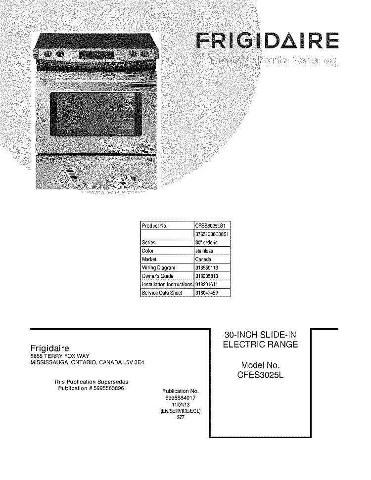 COVER Diagram and Parts List for CFES3025LS1  Frigidaire Range