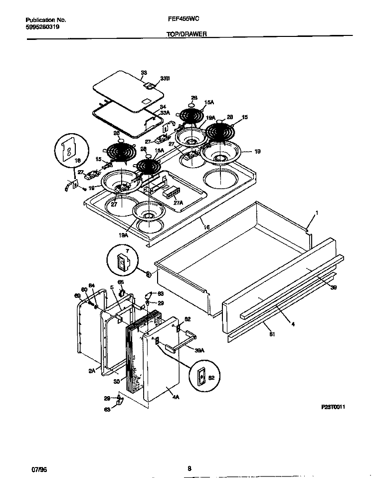 TOP / DRAWER Diagram and Parts List for FEF455WCBA  Frigidaire Range