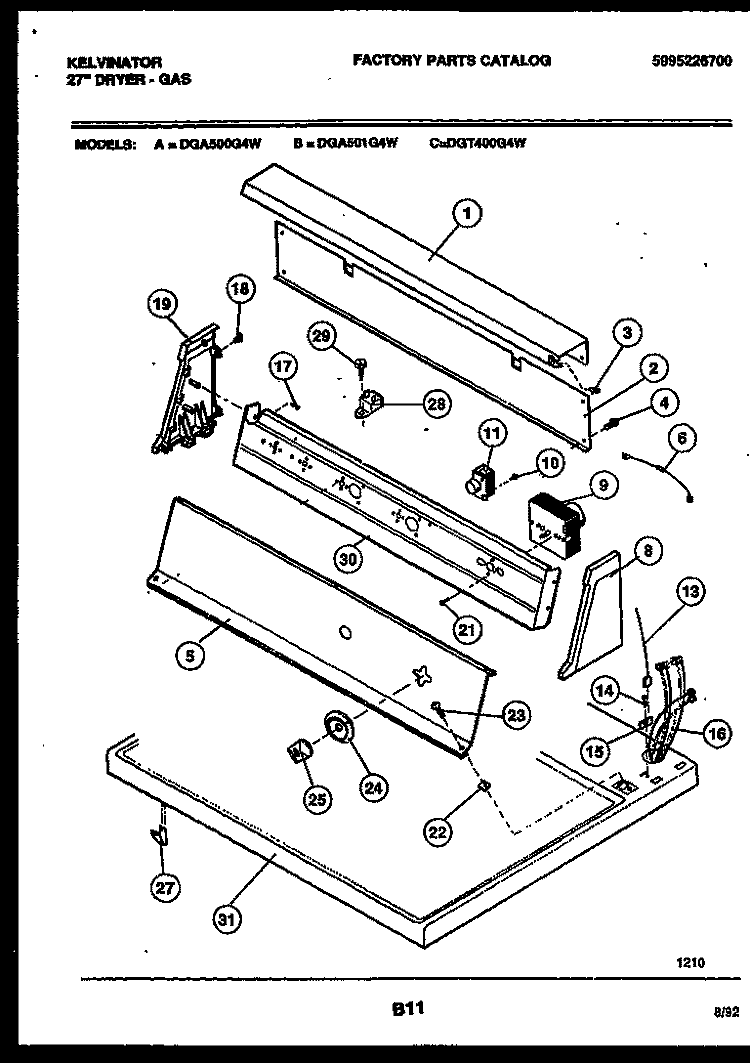 CONSOLE AND CONTROL PARTS Diagram and Parts List for DGA500G4W  Kelvinator Dryer