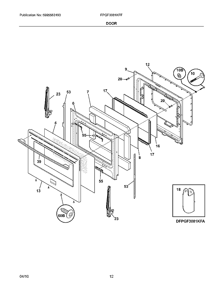 DOOR Diagram and Parts List for FPGF3081KFF  Frigidaire Range