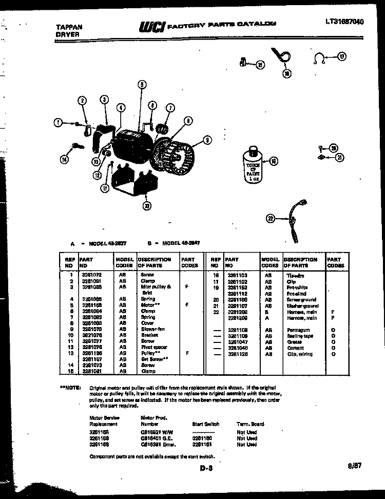 MOTOR AND BLOWER Diagram and Parts List for 49-2827-23-01  Tappan Dryer