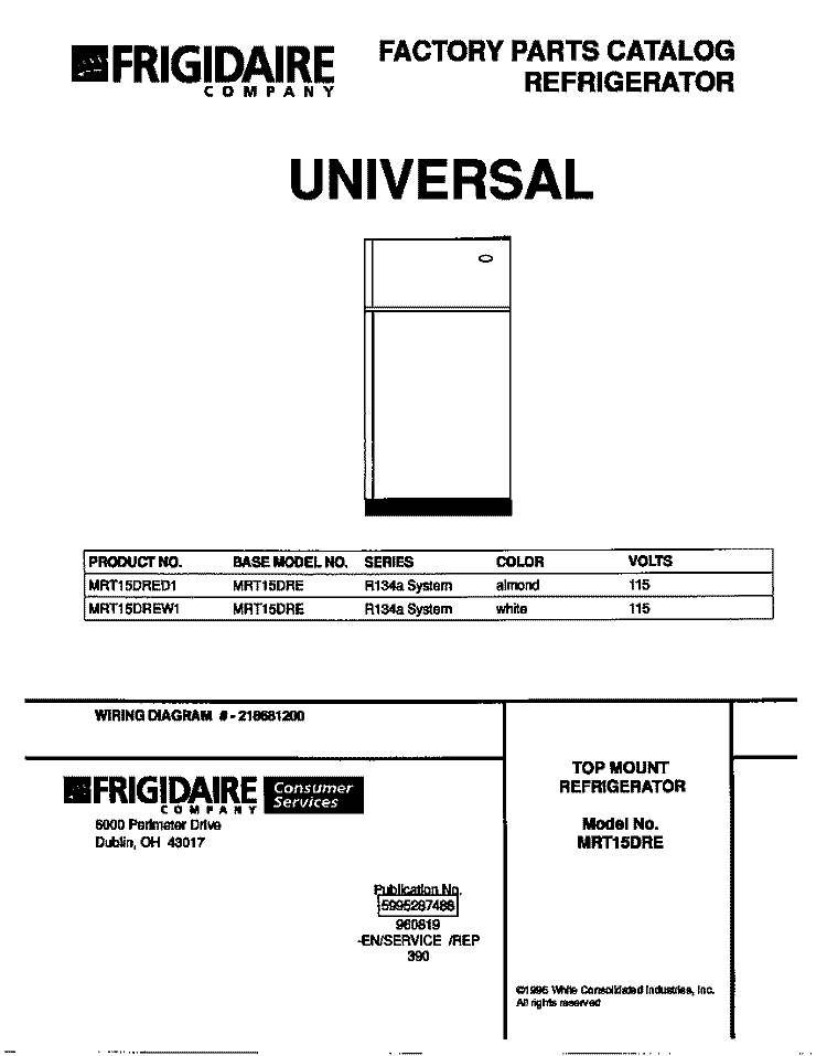 COVER Diagram and Parts List for MRT15DRED1  Frigidaire Refrigerator