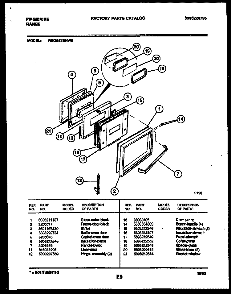 DOOR PARTS Diagram and Parts List for REGS37BNW5  Frigidaire Range