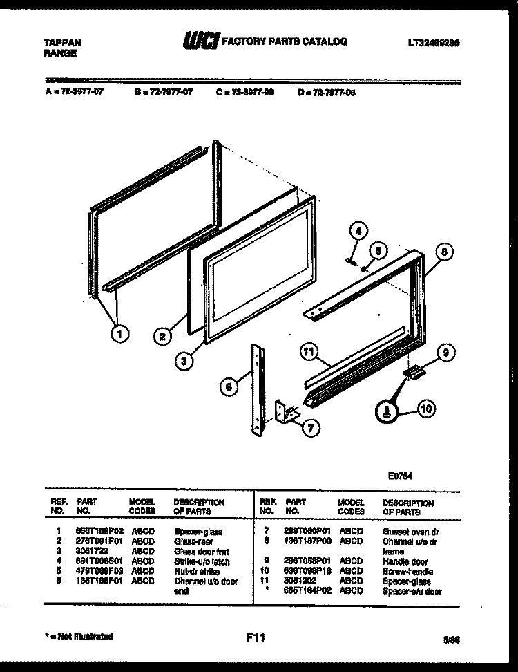 UPPER OVEN DOOR PARTS Diagram and Parts List for 72-3977-00-08  Tappan Range