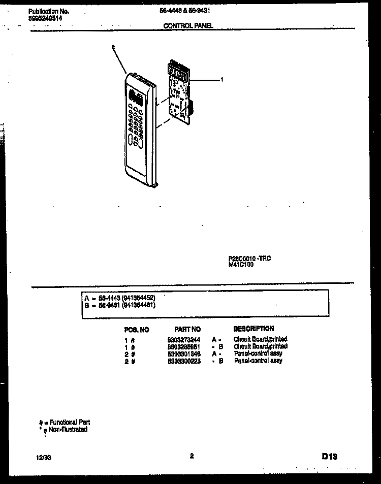 CONTROL PANEL Diagram and Parts List for 56-4443-10-02  Tappan Microwave