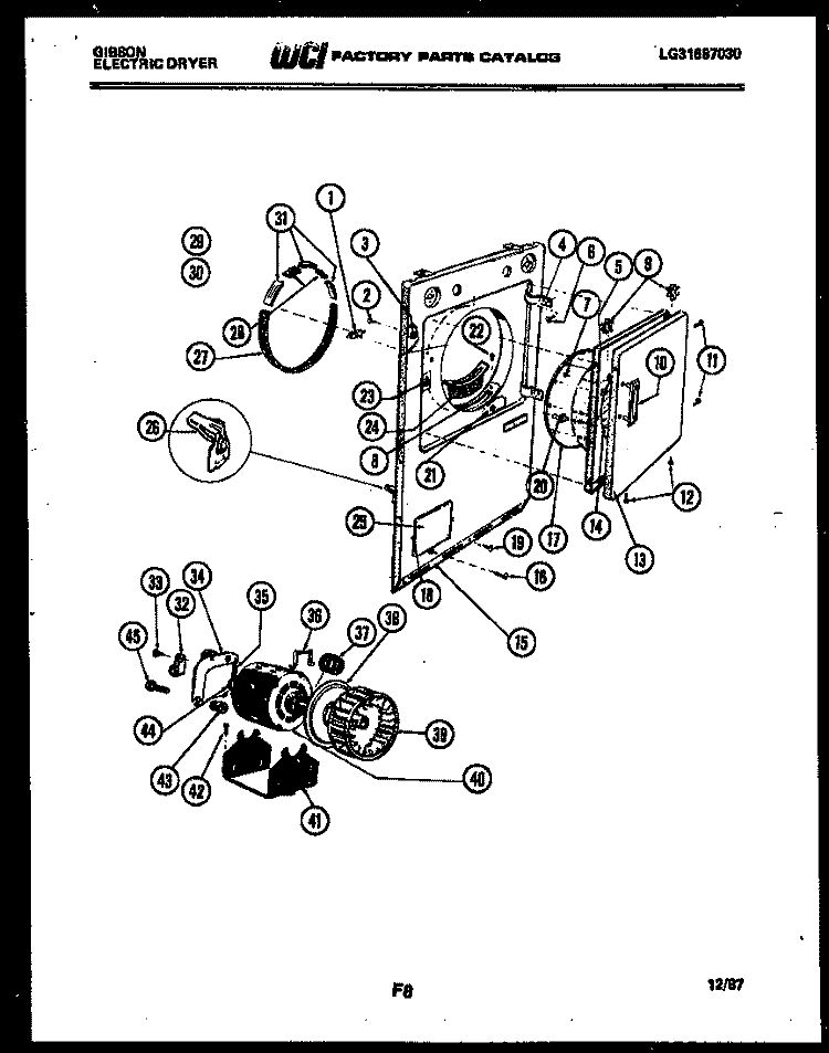 CABINET FRONT, MOTOR AND BLOWER Diagram and Parts List for DE27S6FTMA  Gibson Dryer